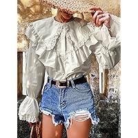 Women's Tops Women's Shirts Eyelet Embroidery Ruffle Trim Flounce Sleeve Blouse Women's Tops Shirts for Women (Color : White, Size : X-Small)