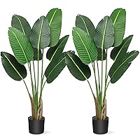 2 Packs Artificial Plants Indoor, Artificial Faux Banana Leaf Plants with Pot, 48 inches Birds of Paradise Plant Indoor, 4ft Artificial Standing Plants with 8 Trunks for Home Living Room Office Decor