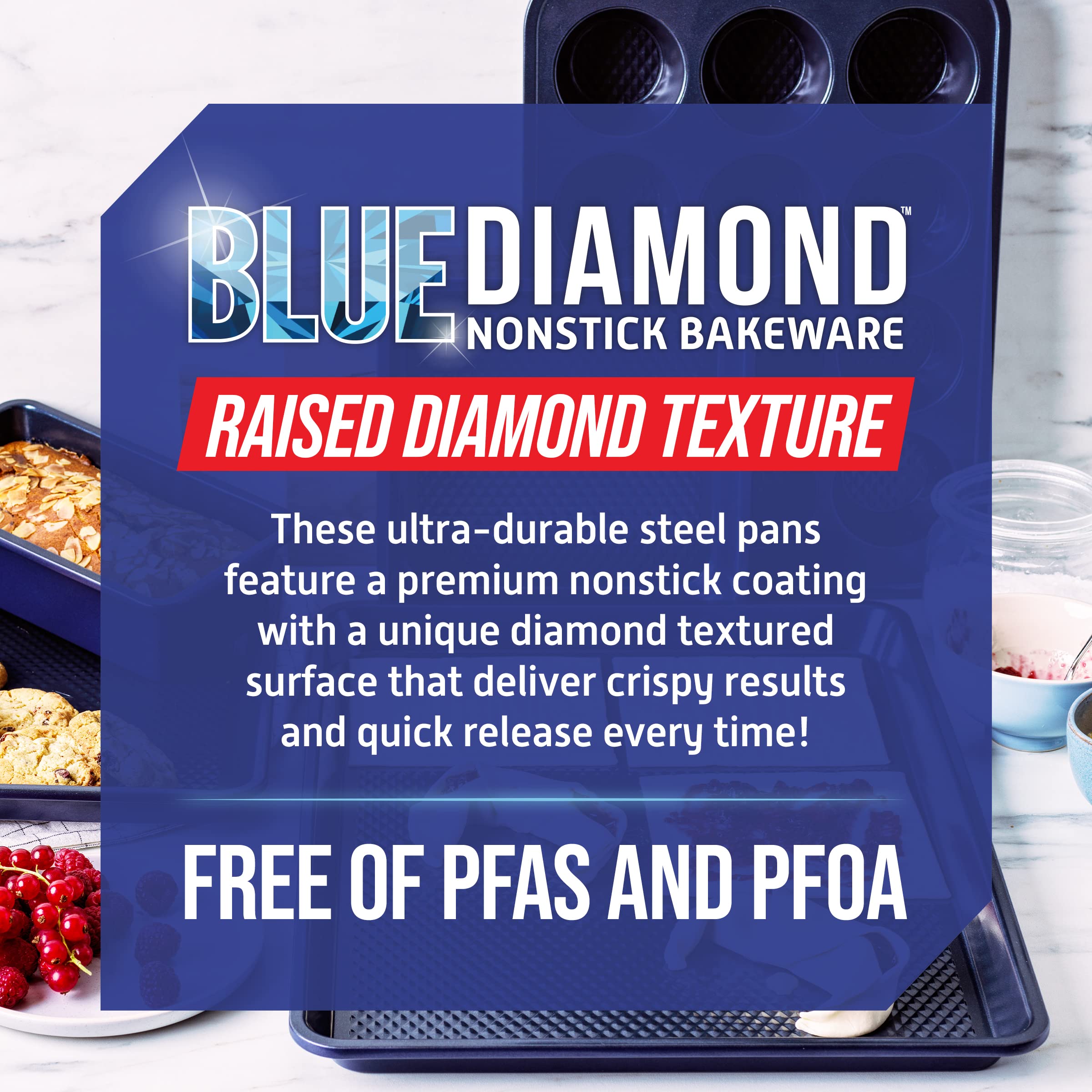 Blue Diamond Bakeware Diamond Infused Nonstick, 5 Piece Baking Set with 13x18inch Baking Sheet,13x9inch Cookie Sheet, 12 Cup Muffin Pan, Square Cake Pan & Loaf Pan, Dishwasher/Freezer Safe, PFAS-Free
