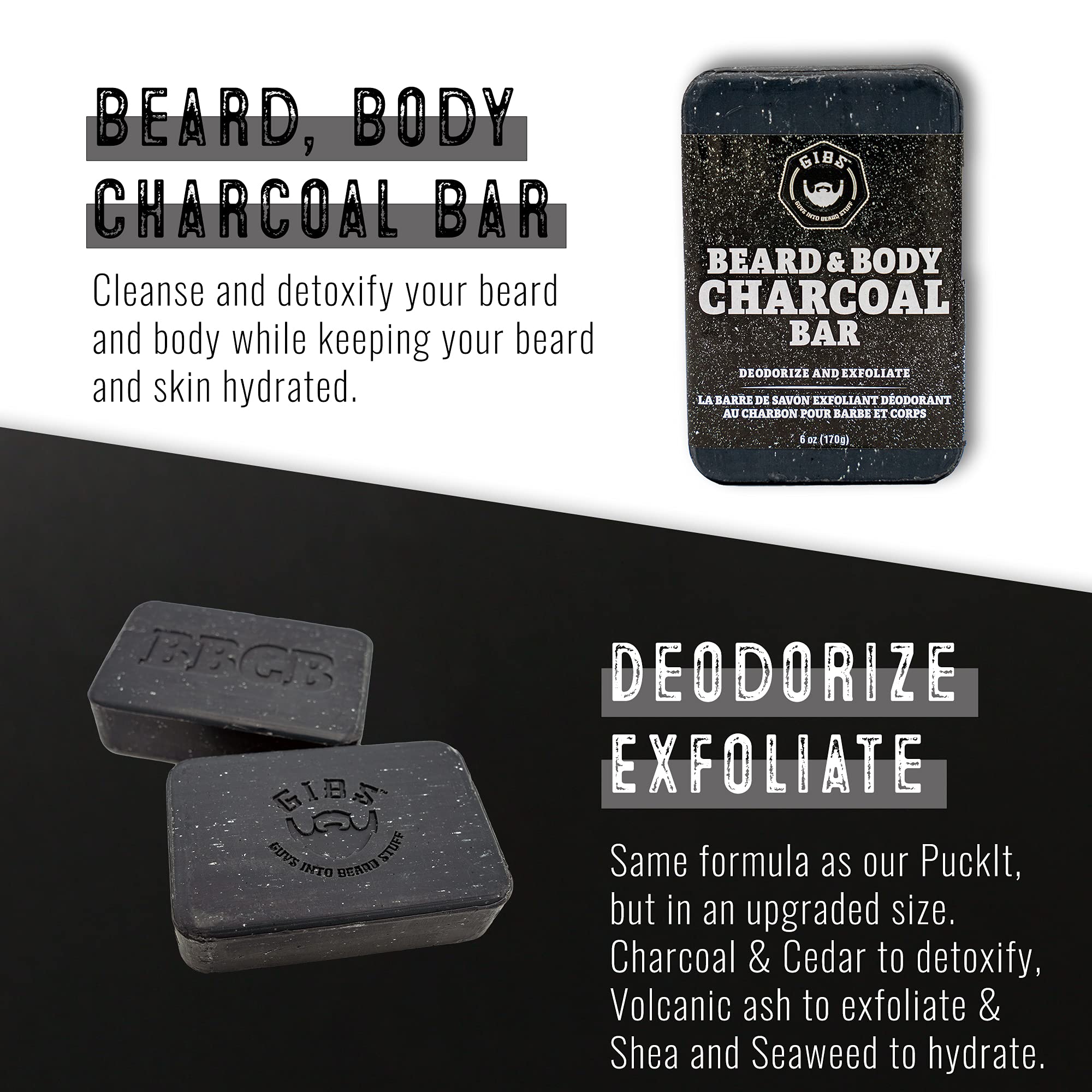 GIBS Grooming BBC Charcoal Bar - Deodorizing Soap, Spicy and rich with hints of cardamom, pepper, leather and clove., 6 oz.
