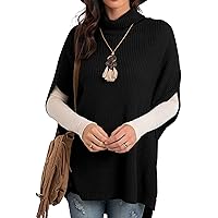 GRECERELLE Women Turtleneck Oversized Knit Batwing Sleeveless Loose High Low Hem Side Slit Pullover Sweater