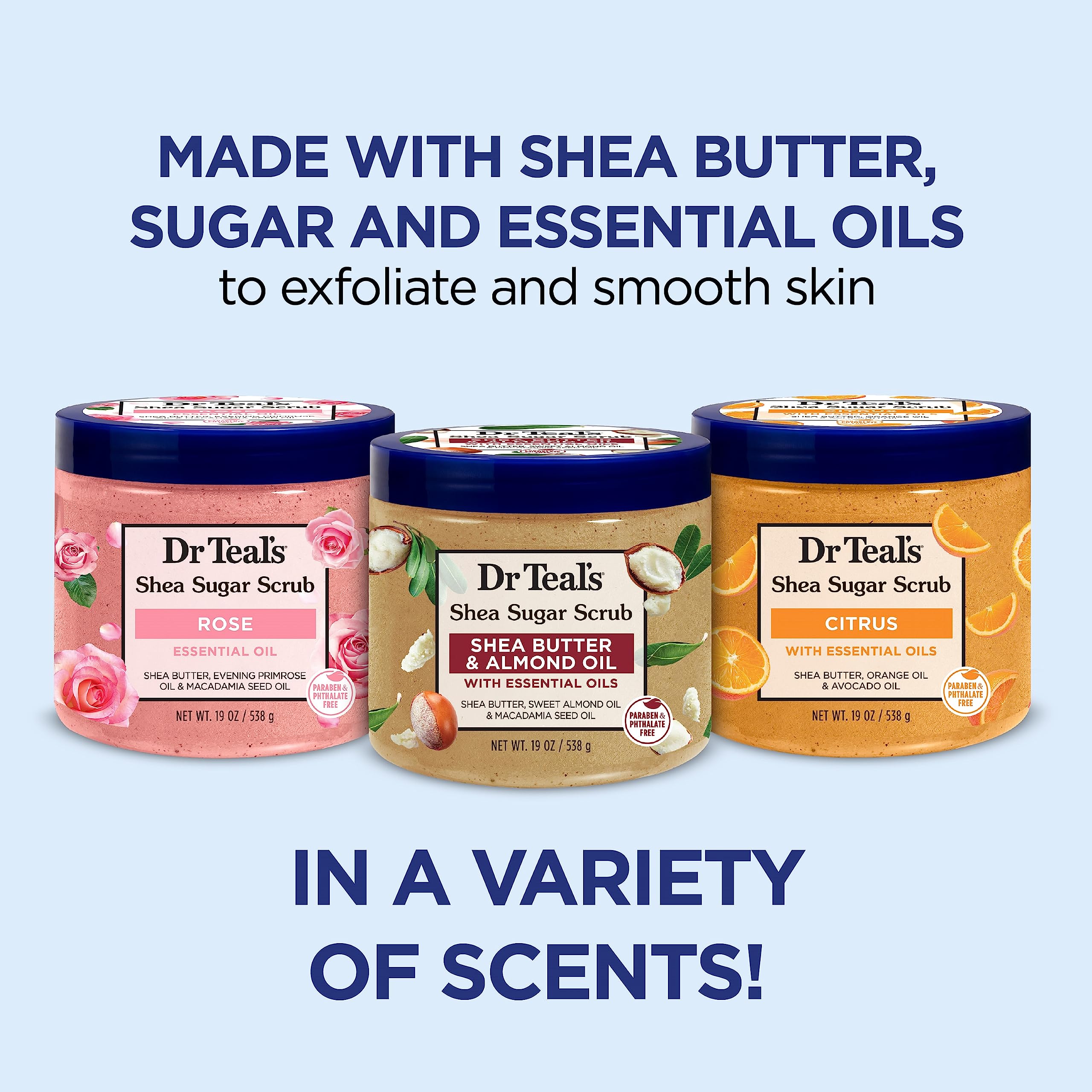 Dr Teal's Shea Sugar Scrub Trial Pack, Rose, Shea Butter, Citrus 19 oz (Pack of 3) (Packaging May Vary)