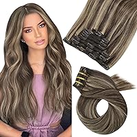Moresoo Bundle Clip+Sew in Brown Hair Extensions 16 Inch Real Human Hair Double Weft Hair Extensions Color #4 Chocolate Brown Mixed with #27 Blonde (120g+100g) Remy Hair Extensions