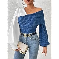 Women's Tops Sexy Tops for Women Women's Shirts Color Block Asymmetrical Neck Lantern Sleeve Top (Color : Blue and White, Size : Small)