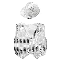 Kids Boys Sequin Dance Waistcoat with Hat Set for Jazz Hip Hop Dance Performance Costume Dancewear Fancy Party Outfits White 7-8 Years