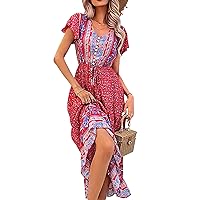 Women's Bohemian Spring Summer Colorful Floral Printed Vintage Boho Flower Red Blue Beach Casual Slit Long Maxi Dress