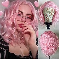 Pastel Pink Wig Short Curly Bob Wig Free Part, Synthetic Lace Front Short Pink Wigs for Women, Light Pink Short Bob Wig Heat Resistant Fiber Curly Wig for Daily Party Cosplay Costume