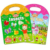 Reusable Sticker Books for Toddlers 1-3, 2 Sets Jelly Quiet Book, Preschool Learning Activities Busy Book for Toddler Travel Toys Waterproof Stickers for Kids (Fairy Tale & Insects)