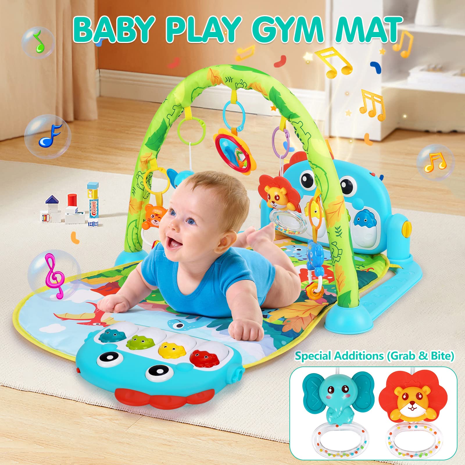 Baby Gym Play Mats Baby Toys Tummy Time Mat Toys Musical Activity Center for Newborn Infant Toys Piano Baby Play Mat Music & Light Newborn Infant Gifts for Baby Toys 0-3 6 9 12 Months, Dinosaur Style