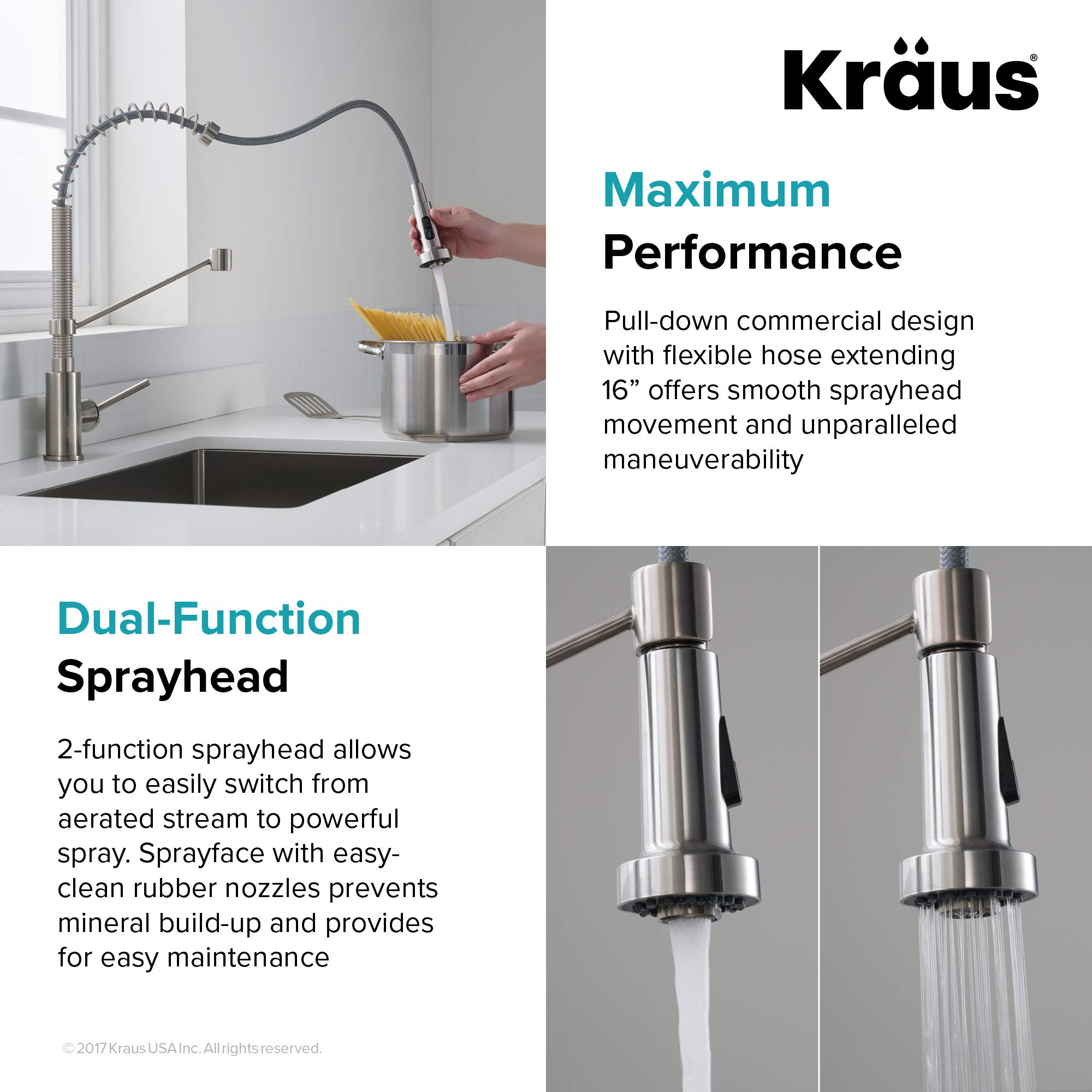 Kraus KPF-1610SFS Bolden 18-Inch Commercial Kitchen Faucet with Dual Function Pull-Down Sprayhead in all-Brite Finish, Spot Free Stainless Steel