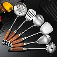 Stainless Steel Kitchen Utensils Set with Wooden Handle, 6 PCS Professional Cooking Utensils Set, Wok Spatula, Ladle, Skimmer, Slotted Spatula Turner, Spaghetti Spoon, Large Spoon