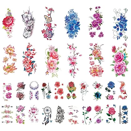 32 Sheets Flower Temporary Tattoos for Women, Roses Cherry Blossoms Fake Tattoos, Realistic Temporary Tattoo Kids, Gifts for Girls and Women