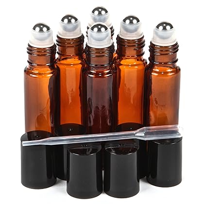Vivaplex, 6, Amber, 10 ml Glass Roll-on Bottles with Stainless Steel Roller Balls - .5 ml Dropper included