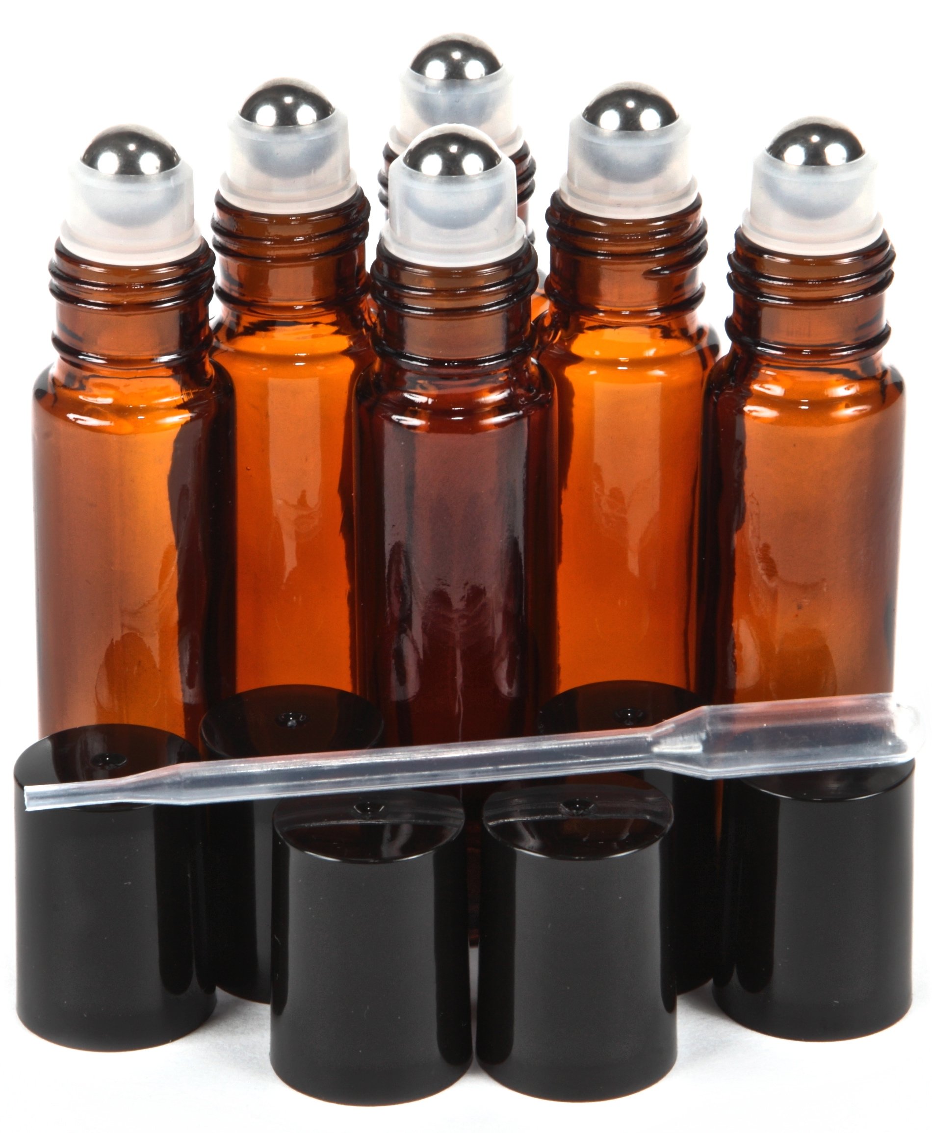 Vivaplex, 6, Amber, 10 ml Glass Roll-on Bottles with Stainless Steel Roller Balls - .5 ml Dropper included