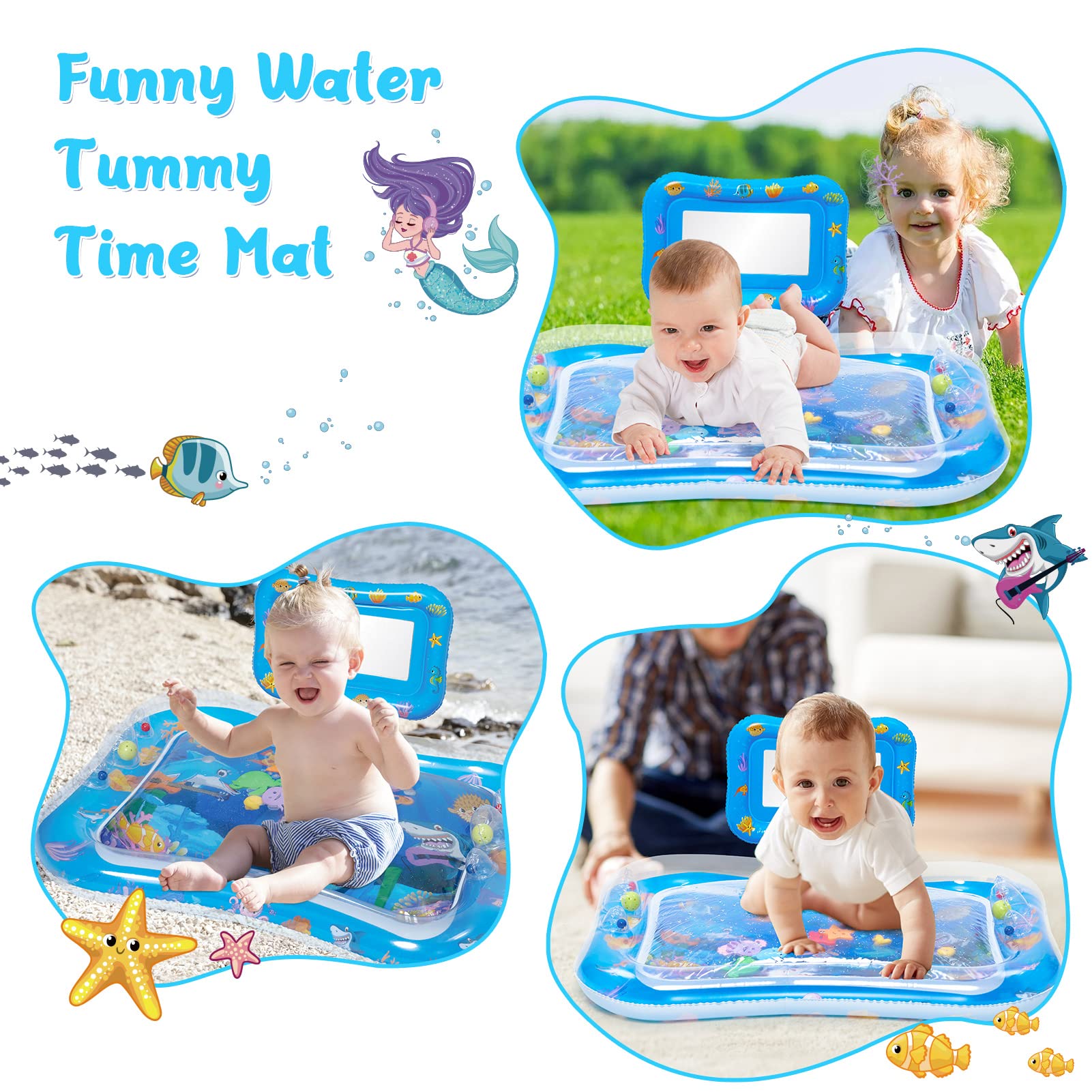 RONIPIC Tummy Time Water Mat with Mirror and Rattles,XL Inflatable Water Mat for Babies Infants Toddlers, The Perfect Fun Time Play Activity Center Teething Toys for 3 6 9 12 Month Baby Boy Girl