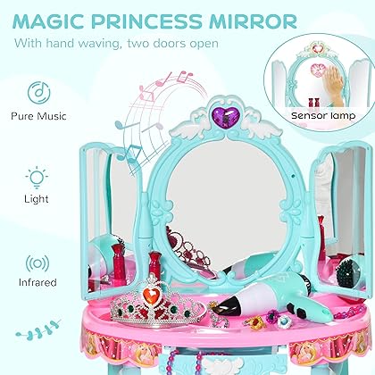 Qaba Three-Sided Mirror Kids Vanity Makeup Table Set with Princess Faces and 32-Piece Collection, Princess Vanity Table and Stool, Imaginative Toy for 3-6 Years Old