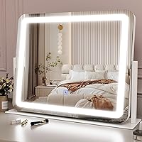 Vanity Mirror Makeup Mirror with Lights, Large Lighted Vanity Mirror, Light Up Mirror with Smart Touch 3 Colors Dimmable, Tabletop Mirror for Makeup Desk, 360° Rotation, 22