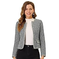 Allegra K Women's Plaid Tweed Blazer Long Sleeve Open Front Work Office Short Jacket