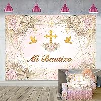 Mi Bautizo Backdrop Boho Baptism God Bless First Holy Communion Party Background for Girl Pink Floral Christening Newborn Baby Shower Banner Photo Booth Props (8X6FT(94X70inch))