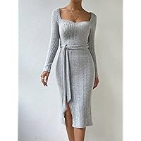 Dresses for Women Square Neck Belted Rib-Knit Dress (Color : Gray, Size : Small)
