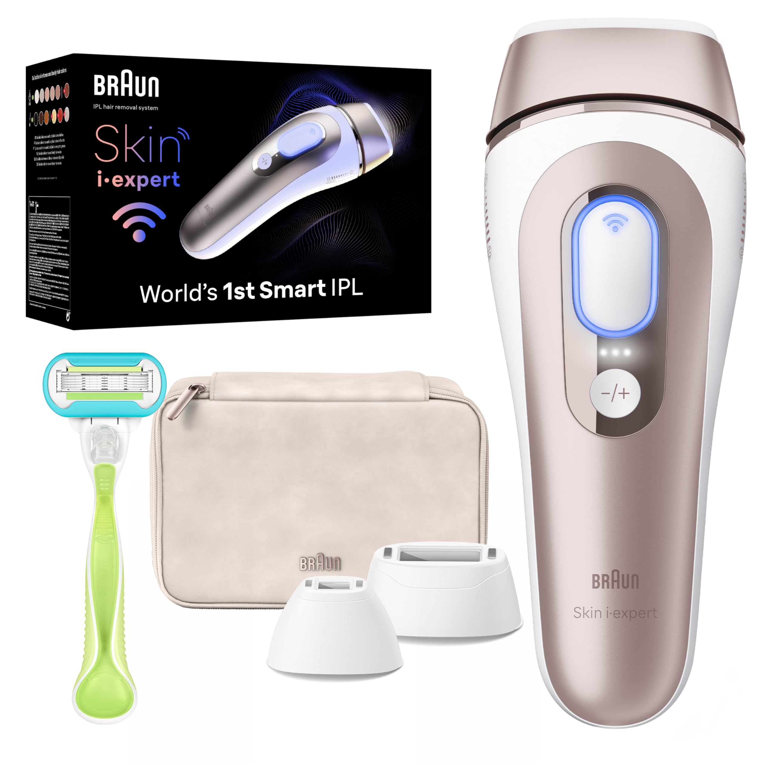 Braun IPL Long-lasting Laser Hair Removal Device for Women & Men, Skin i·Expert, at Home Hair Removal, w/ Free App, Vanity Case, Venus Razor, 3 Smart Heads, Alternative for Laser Hair Removal, PL7243