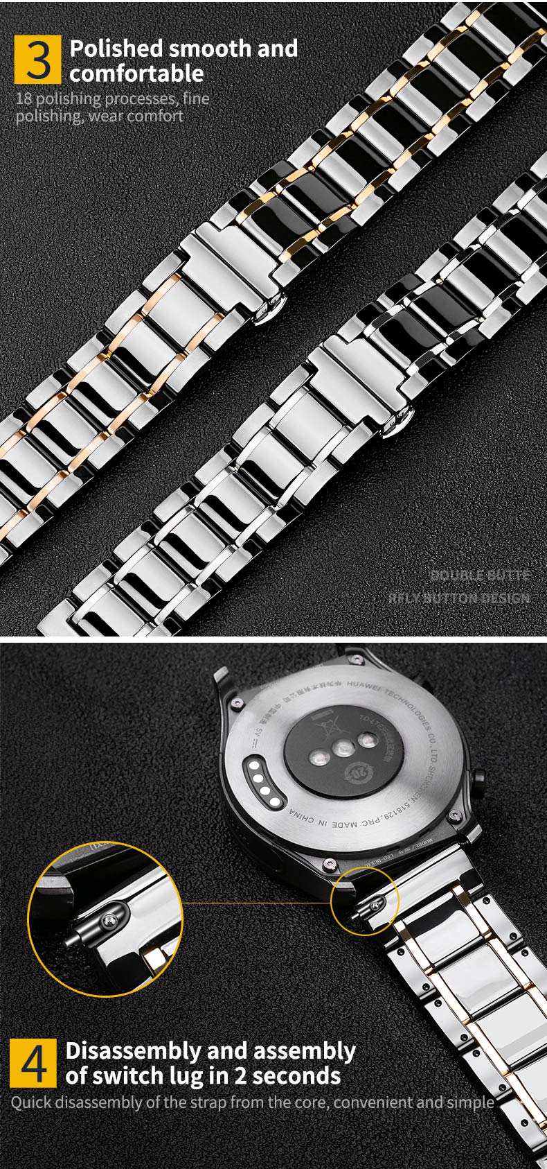 Watchbands Ceramic White with Gold for Samsung Smart Wrist Watches Gear Galaxy 20mm 21mm 22mm 23mm 24mm Accessories