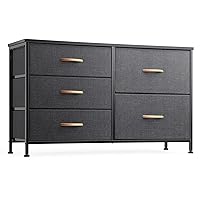 Nicehill Dresser for Bedroom with 5 Drawers, Storage Drawer Organizer, Wide Chest of Drawers for Closet, Clothes, Kids, Nursery, TV Stand with Storage Drawers, Wood Board, Fabric Drawers (Black Grey)