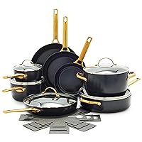 Reserve Hard Anodized Healthy Ceramic Nonstick, 16 Piece Cookware Pots and Pans Set, Gold Handle, PFAS-Free, Dishwasher Safe, Oven Safe, Black