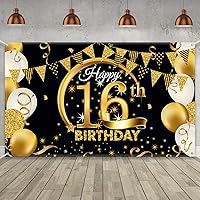 Blulu Birthday Party Decoration Extra Large Fabric Black Gold Sign Poster for Anniversary Photo Booth Backdrop Background Banner, Birthday Party Supplies, 72.8 x 43.3 Inch (16th)