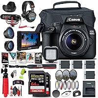 Canon EOS Rebel T100 / 4000D DSLR Camera with 18-55mm Lens + 4K Monitor + Mic + Headphones + 2 x 64GB Card + Filter Kit + Case + Photo Software + 3 x LPE10 Battery + More (Renewed)