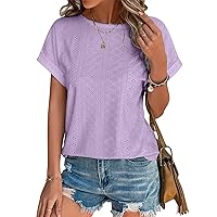 Bliwov Womens Tops Eyelet Embroidery Summer Spring Fashion Clothes Y2K Going Out 2024 Casual Short Sleeve Blouse T Shirts,Purple,L