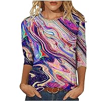 Spring School Slacking Blouses for Women Short 3/4 Sleeve Printed Spandex T Shirt Crew-Neck Baggy Cool T