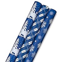 Hallmark Winter Wrapping Paper with Cutlines on Reverse (3 Rolls: 120 Sq. Ft. Total) Deer and Trees, Blue and White Plaid, Snowflakes for Weddings, Birthdays, Baby Showers