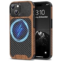 TENDLIN Magnetic Case Compatible with iPhone 15 Plus Case Wood Grain with Carbon Fiber Texture Design Leather Hybrid Slim Case (Compatible with MagSafe) Black