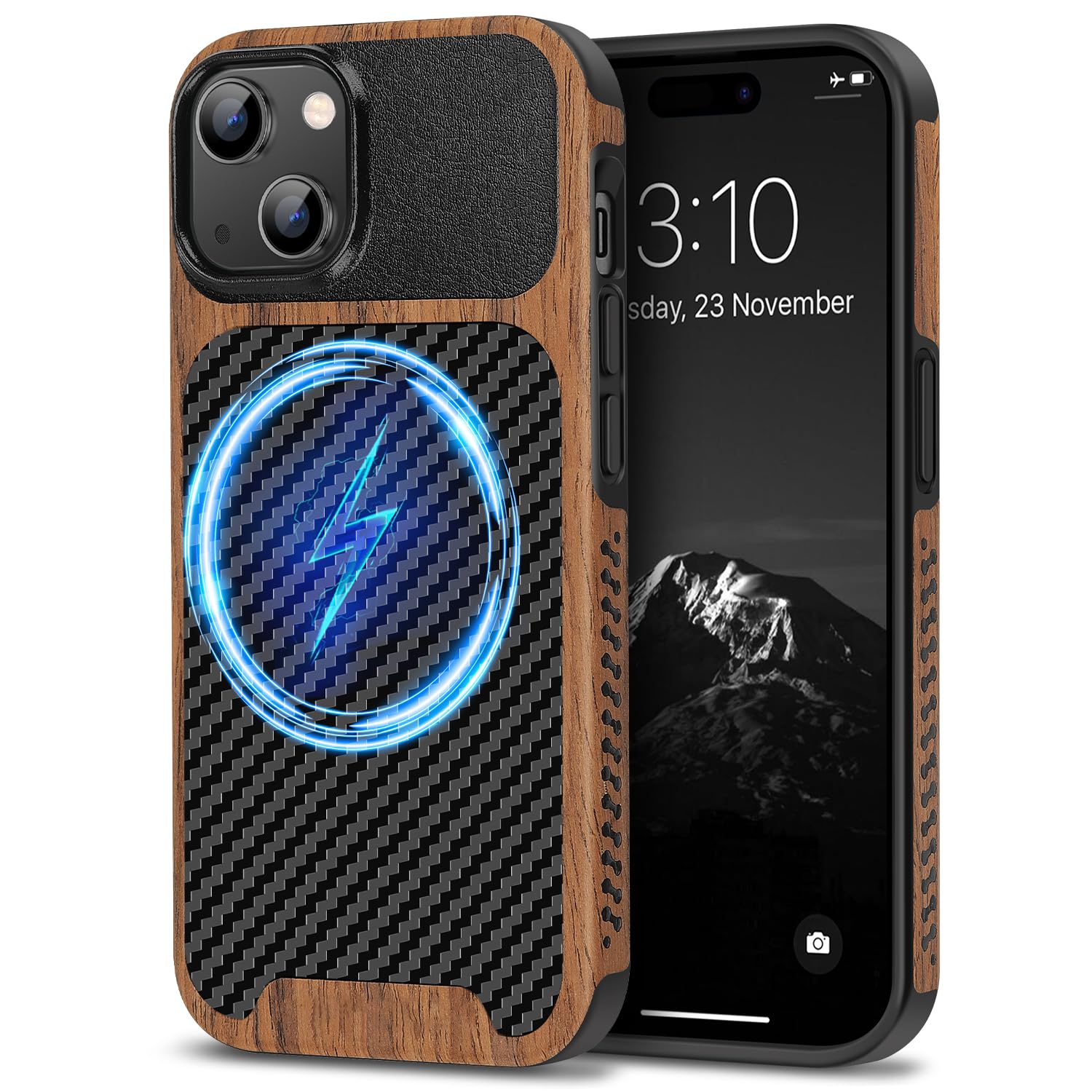 TENDLIN Magnetic Case Compatible with iPhone 15 Case Wood Grain with Carbon Fiber Texture Design Leather Hybrid Slim Case (Compatible with MagSafe) Black