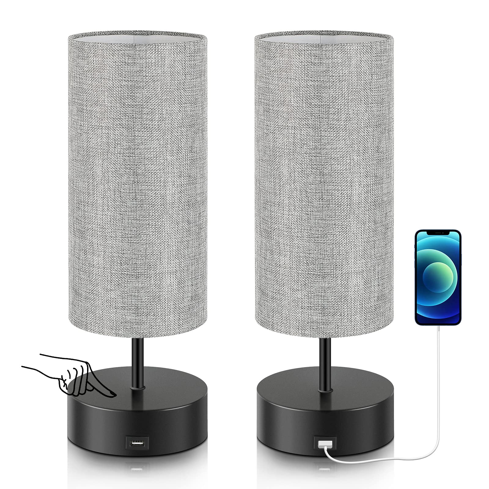 xydled Touch Control Table Lamp with USB Charging Port, Set of 2 3-Way Dimmable Modern Bedside Lamps Gray Linen Nightstand Lights for Bedroom Livin...