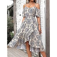 Allover Print Cold Shoulder Ruffle Hem Dress (Color : Apricot, Size : Small)