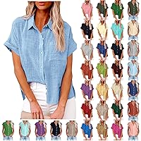 Deals of The Day Lightning Deals Womens Short Sleeve Button Down Shirt Collared V Neck Blouse Summer Cotton Linen Tops Loose Fit Casual Dressy Clothes Blusas para Mujer Elegantes