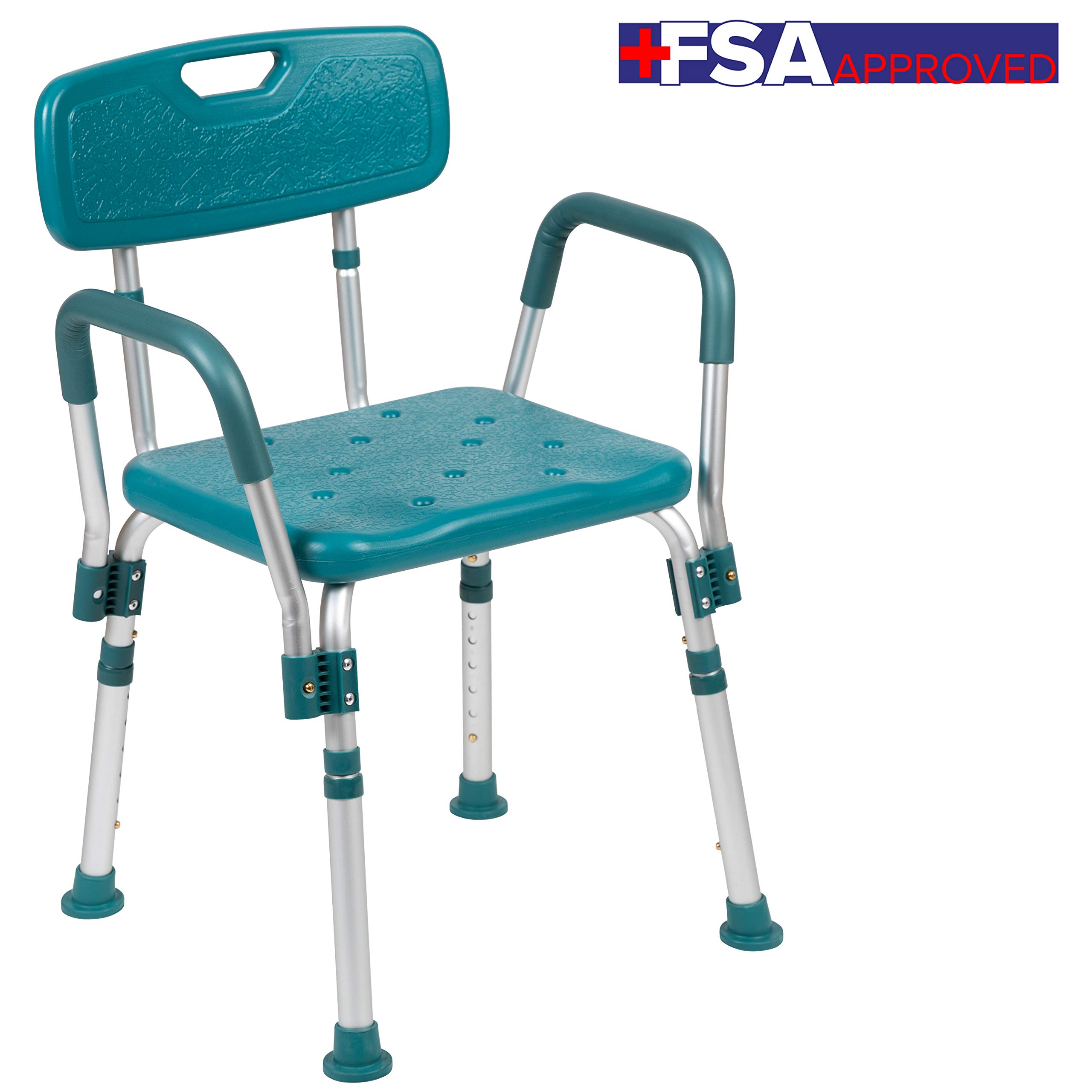 Flash Furniture HERCULES Series 300 Lb. Capacity Adjustable Teal Bath & Shower Chair with Quick Release Back & Arms