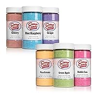Cotton Candy Express Floss Sugar Variety Pack Bundled with six total 11oz Plastic Jars of Cherry, Blue Raspberry, Grape, Bubble Gum, Green Apple, & Pina Colada Flossing Sugars