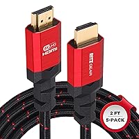 Ritz Gear 4K HDMI 2.0 Cable 2 ft. [5 Pack] 18 Gbps Ultra High Speed Braided Nylon Cord & Gold Connectors - 4K@60Hz/UHD/3D/2160p/1080p/ARC & Ethernet. Compatible with UHD TV/Monitor/PC/PS5/Xbox