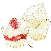 Qeirudu 3.5 oz Mini Gold Glitter Dessert Cups with Spoons - 50 Pack Gold Plastic Dessert Cups Small Parfait Shooter Cups for Party Appetizers Banana Pudding Jello