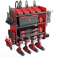 Power Tool Organizer with Charging Station, 4Layers Drill Holder Wall Mount,Metal Garage Rack with Power Strip,Tool Shelves with Hooks,Drill Bit Storage,Christmas Gift for Men Dad (Red&Black)