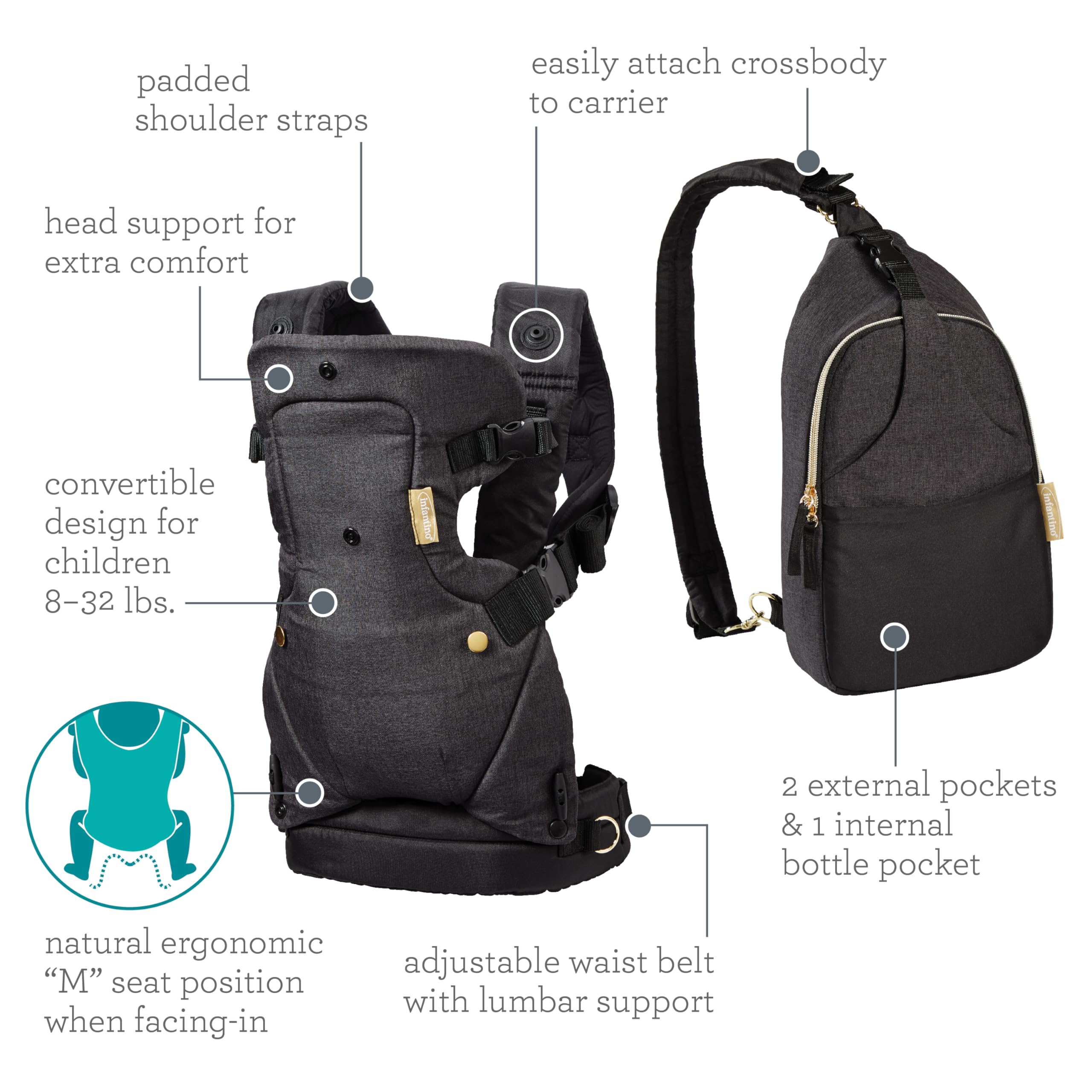 The Infantino Flip 4-in-1 Convertible Baby Carrier & Crossbody Diaper Bag - Grow-with-Me Carrier with Attachable Crossbody Diaper Bag, Black and Gold, 2-Piece Set