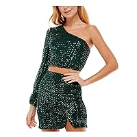 Womens Green Stretch Sequined Zippered Crop Tie Back Top Slit Hem Lined Long Sleeve Asymmetrical Neckline Mini Party Body Con Dress Juniors 9