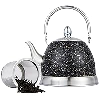 Creative Home 1.0 Qt. Stainless Steel Tea Kettle Teapot with Folding Handle, Removable Infuser Basket for Tea Bag Loose Tea Leaves, Opaque Black with Speckle