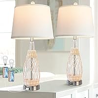 QiMH Glass Table Lamps for Bedroom Set of 2, Bedside Lamps with USB Ports Rotary Switch, 26.5