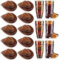 Hercicy 20 Pcs Mini Hats Cowboy Cowgirl Boot Shot Glasses for Western Party Decoration Small Boot and Hat for Bottles (Brown)