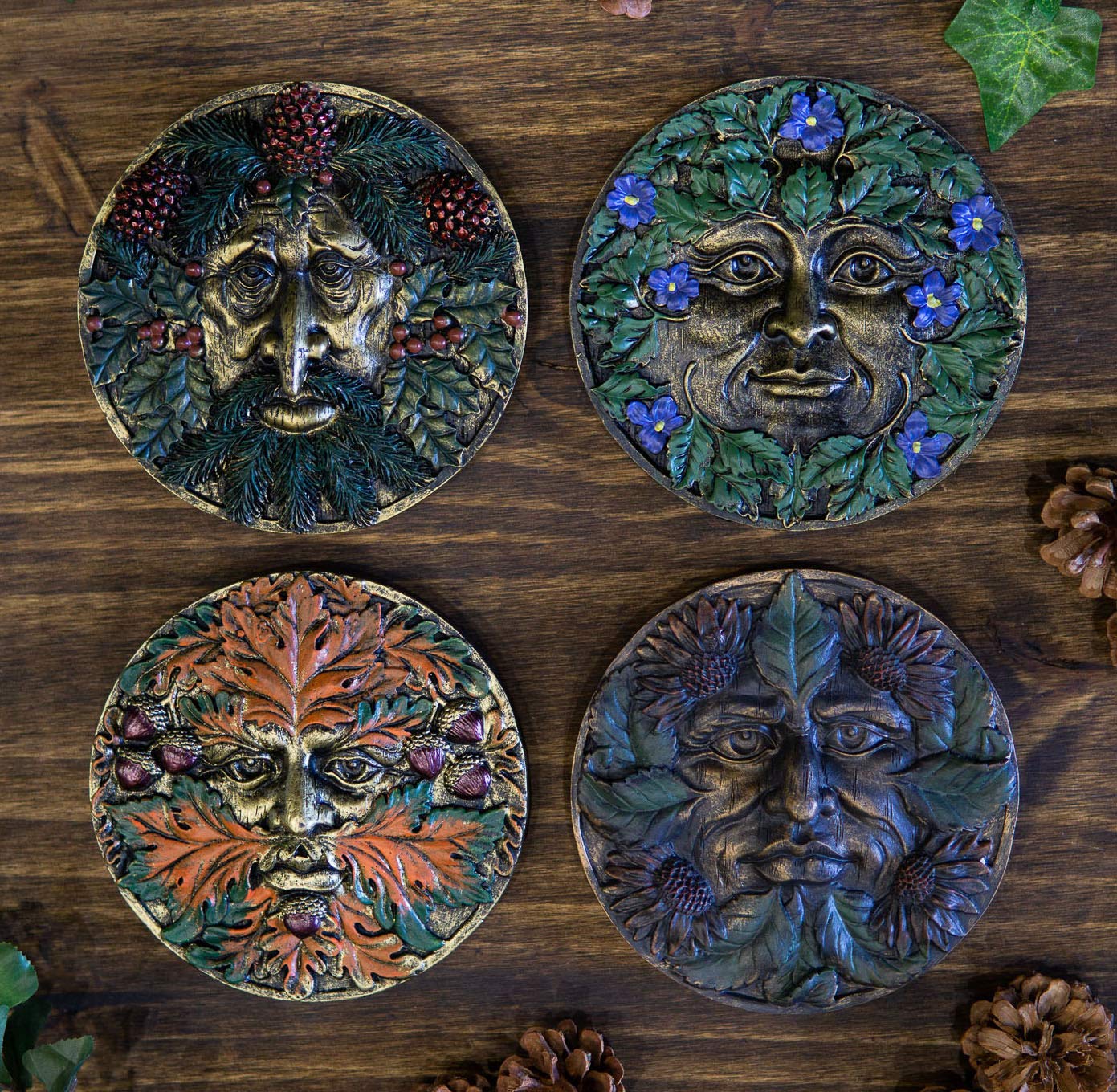 Ebros Bronzed Blooming Floral Foliage Celtic Greenman Wall Decor Tree Spirit Pan Small Round Hanging Plaque As Home Decorative Sculpture Housewarmi...