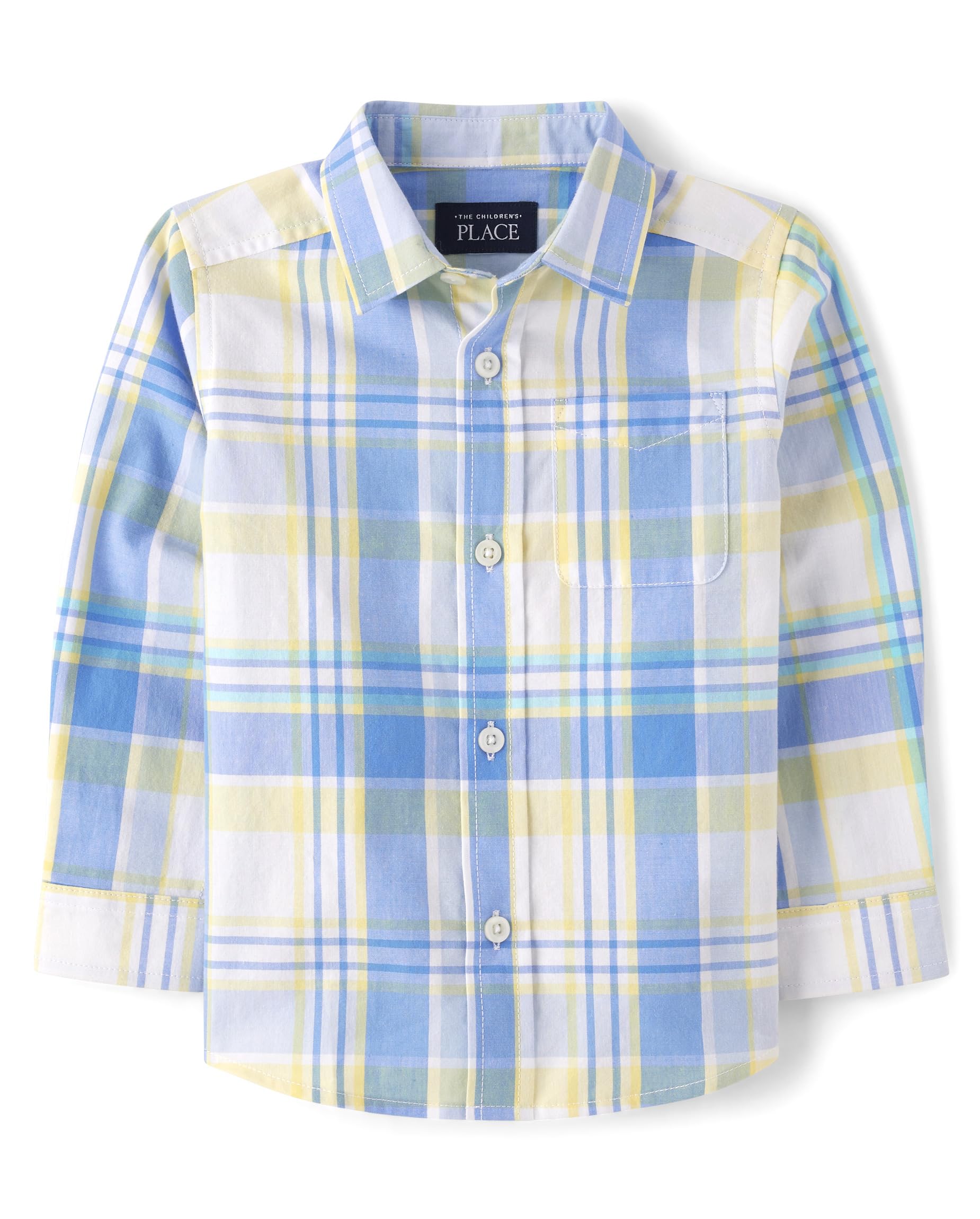 The Children's Place Baby Boy's and Toddler Poplin Long Sleeve Button Down Shirt, Blue Yellow Plaid, 12-18 Months